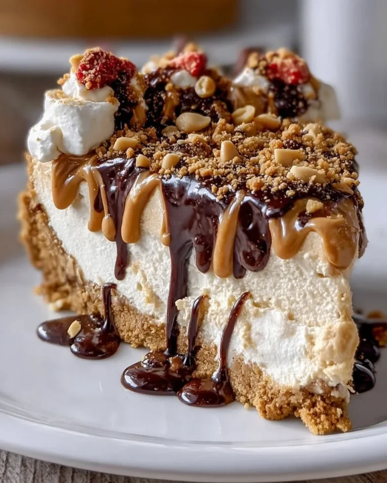 Slice of Monster Peanut Butter Cheesecake Pie topped with peanut butter and chocolate