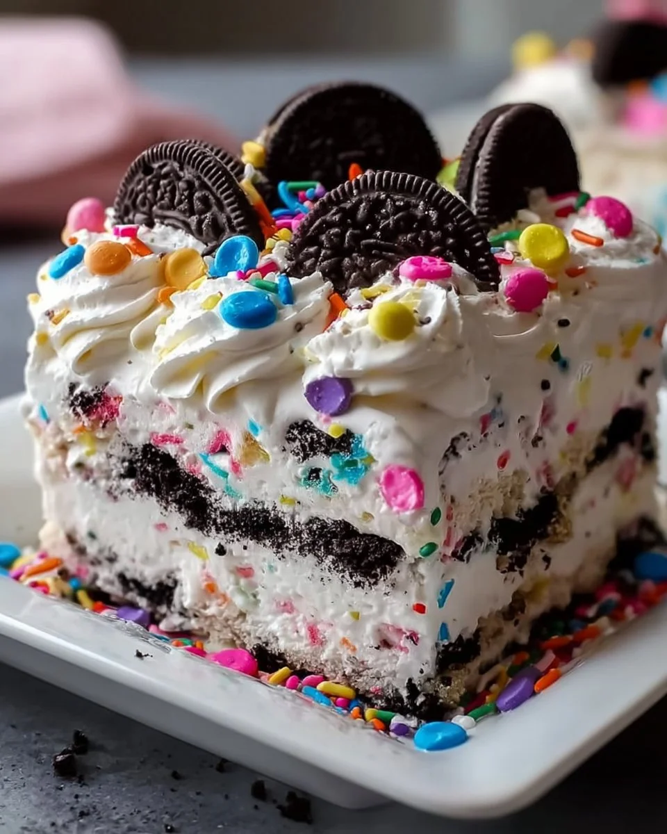 No-Bake Funfetti Oreo Icebox Cake topped with colorful sprinkles