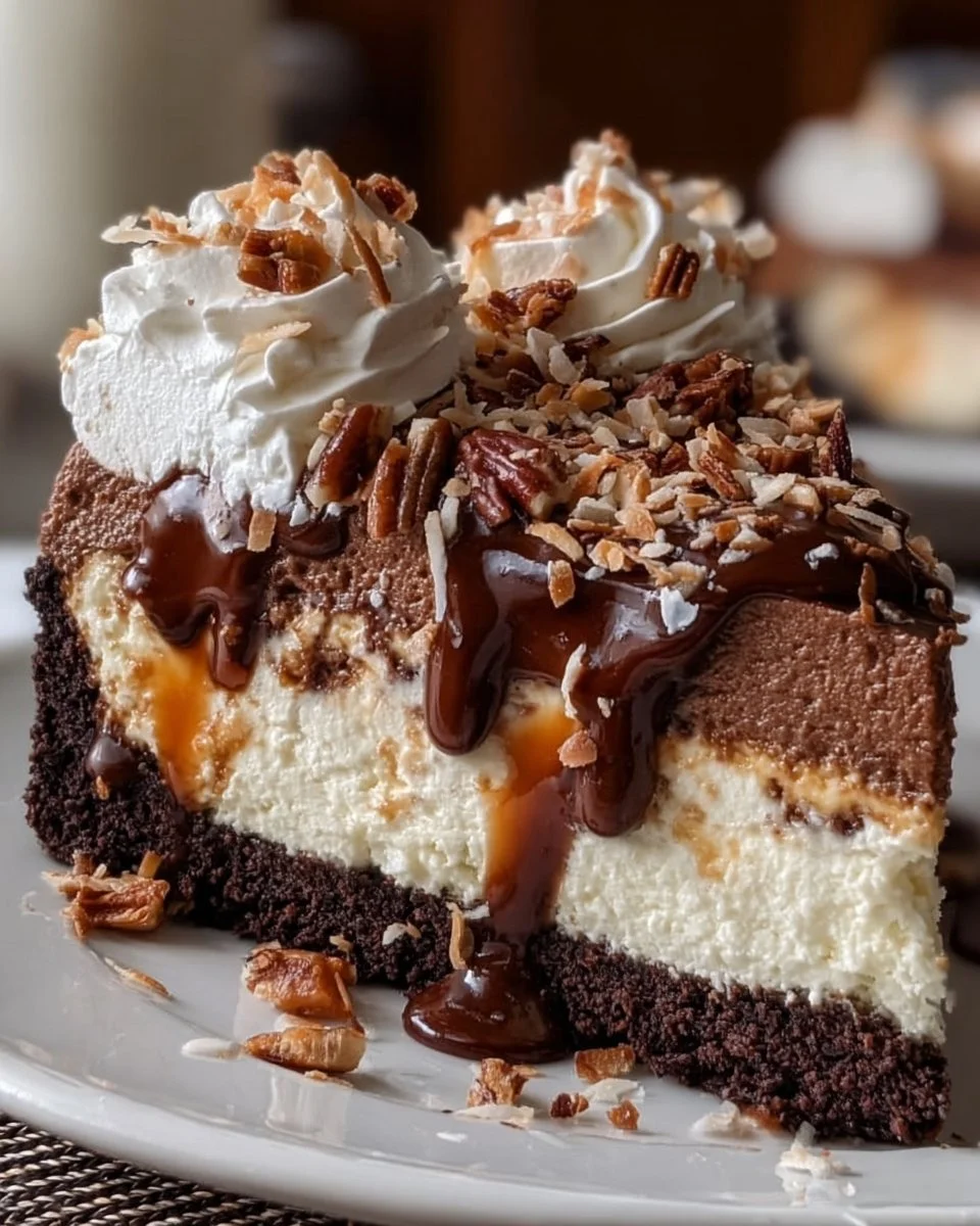 Delicious No-Bake German Chocolate Cheesecake garnished with chocolate and coconut
