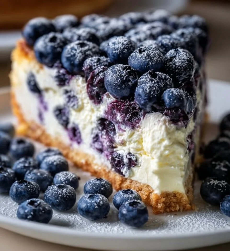 A slice of Nova Scotia Blueberry Cream Cake topped with fresh blueberries.