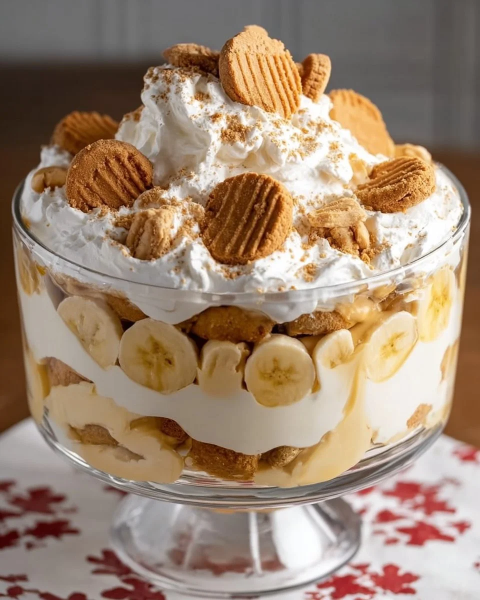 Delicious Nutter Butter Trifle with layers of creamy filling and cookies