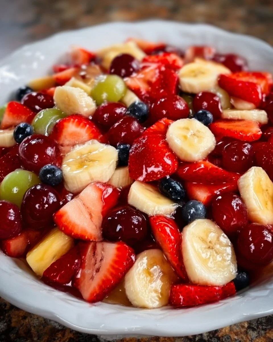 Colorful old fashioned fruit salad with mixed fruits in a glass bowl