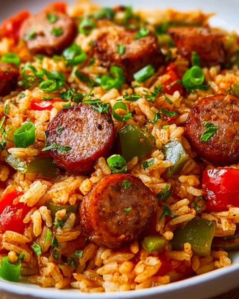 One pot sausage rice recipe with colorful vegetables and spices
