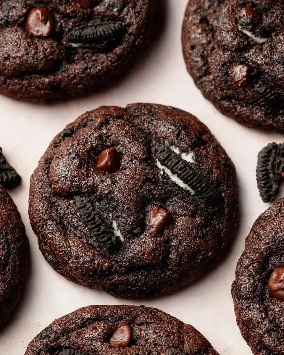 Oreo chocolate chip cookies on a plate with chocolate chips sprinkled around.