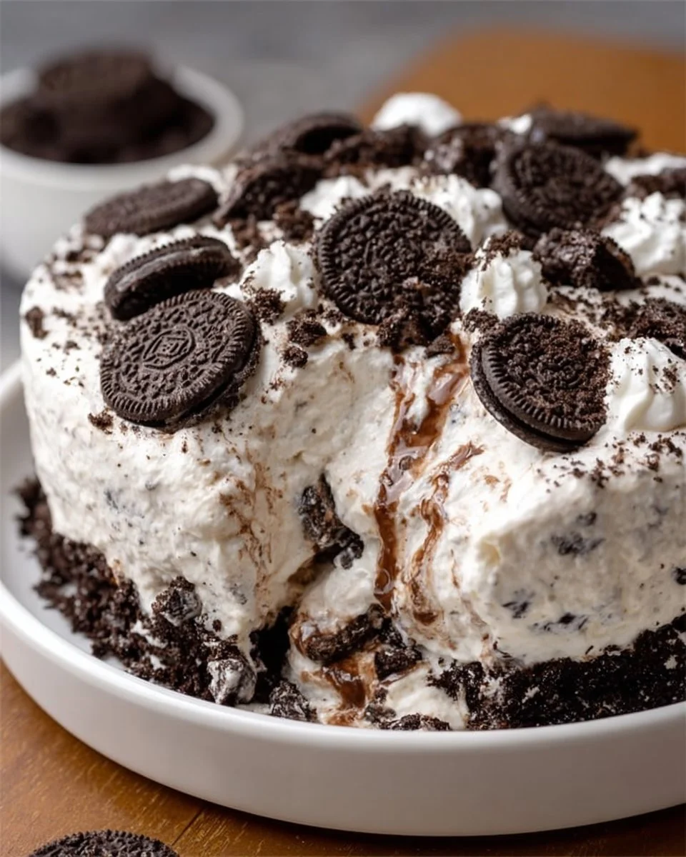 Delicious bowl of Oreo Fluff dessert with crushed Oreos and whipped cream