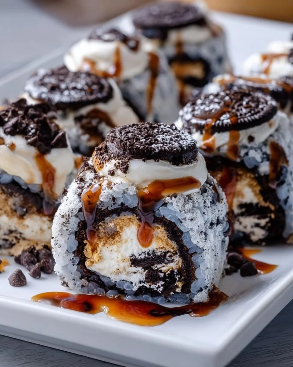 Delicious homemade Oreo Sushi Rolls topped with chocolate drizzle and colorful sprinkles