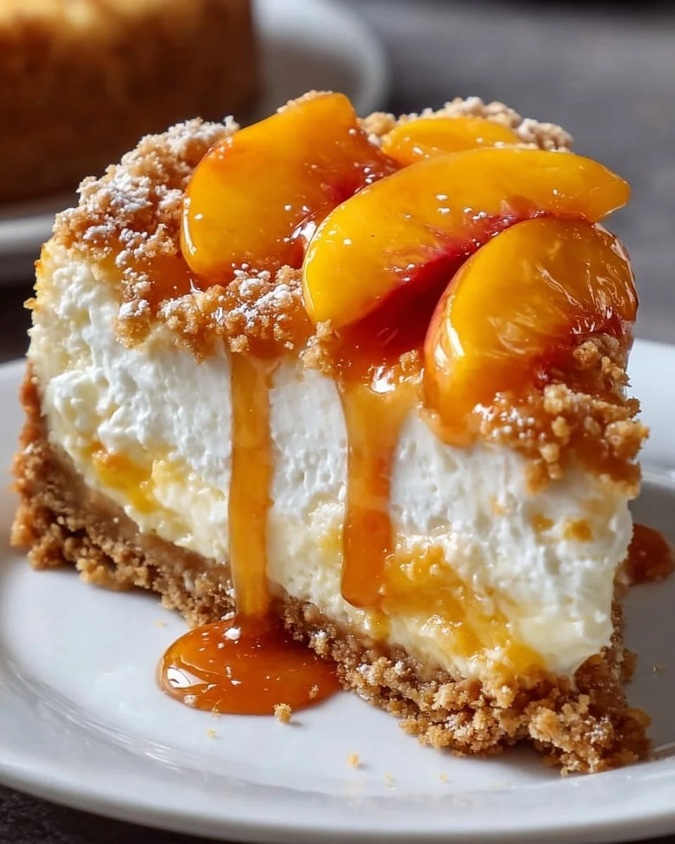 Delicious Peach Cobbler Cheesecake topped with fresh peaches and graham cracker crust