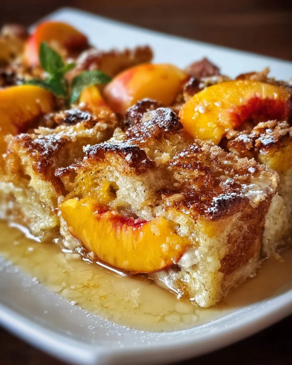 Delicious Peaches and Cream Baked French Toast topped with fresh peaches