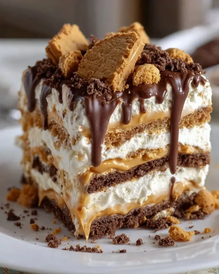 Delicious Peanut Butter Icebox Cake topped with crushed peanuts and chocolate