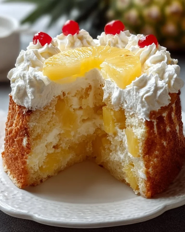 Delicious Pineapple Heaven Cake topped with fresh pineapple and whipped cream