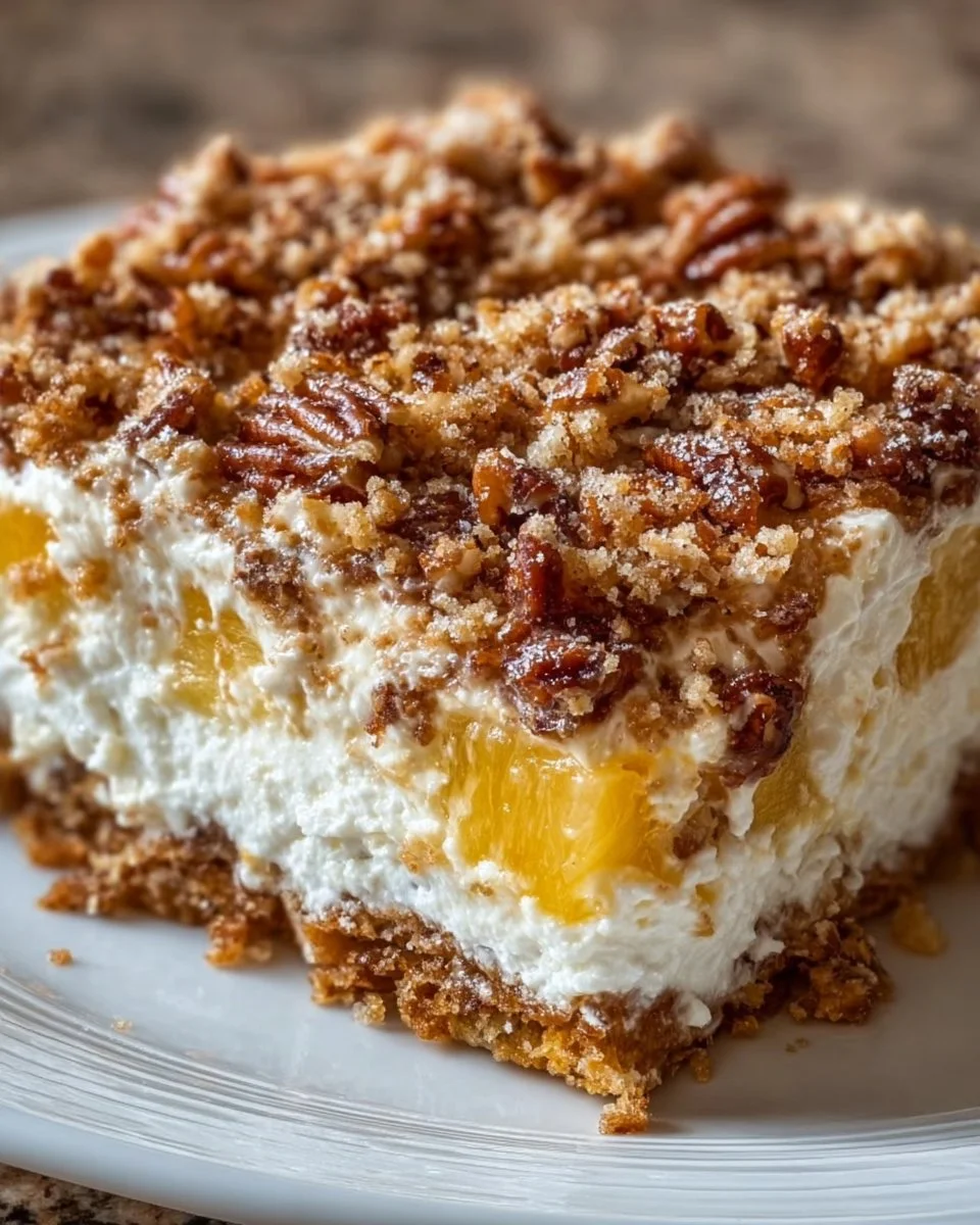 Pineapple Pecan Cream Cheese Crunch Bake dessert topped with pecans