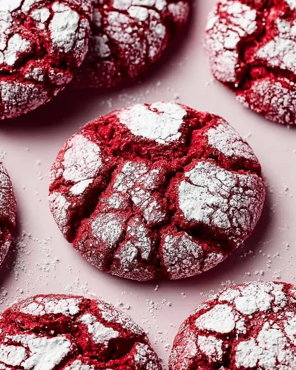 Freshly baked Red Velvet Crinkle Cookies with a crinkled top and vibrant color
