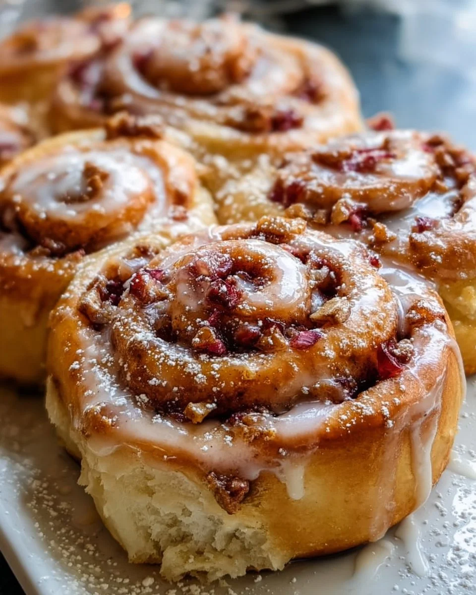 Freshly baked rhubarb cinnamon rolls with cream cheese frosting