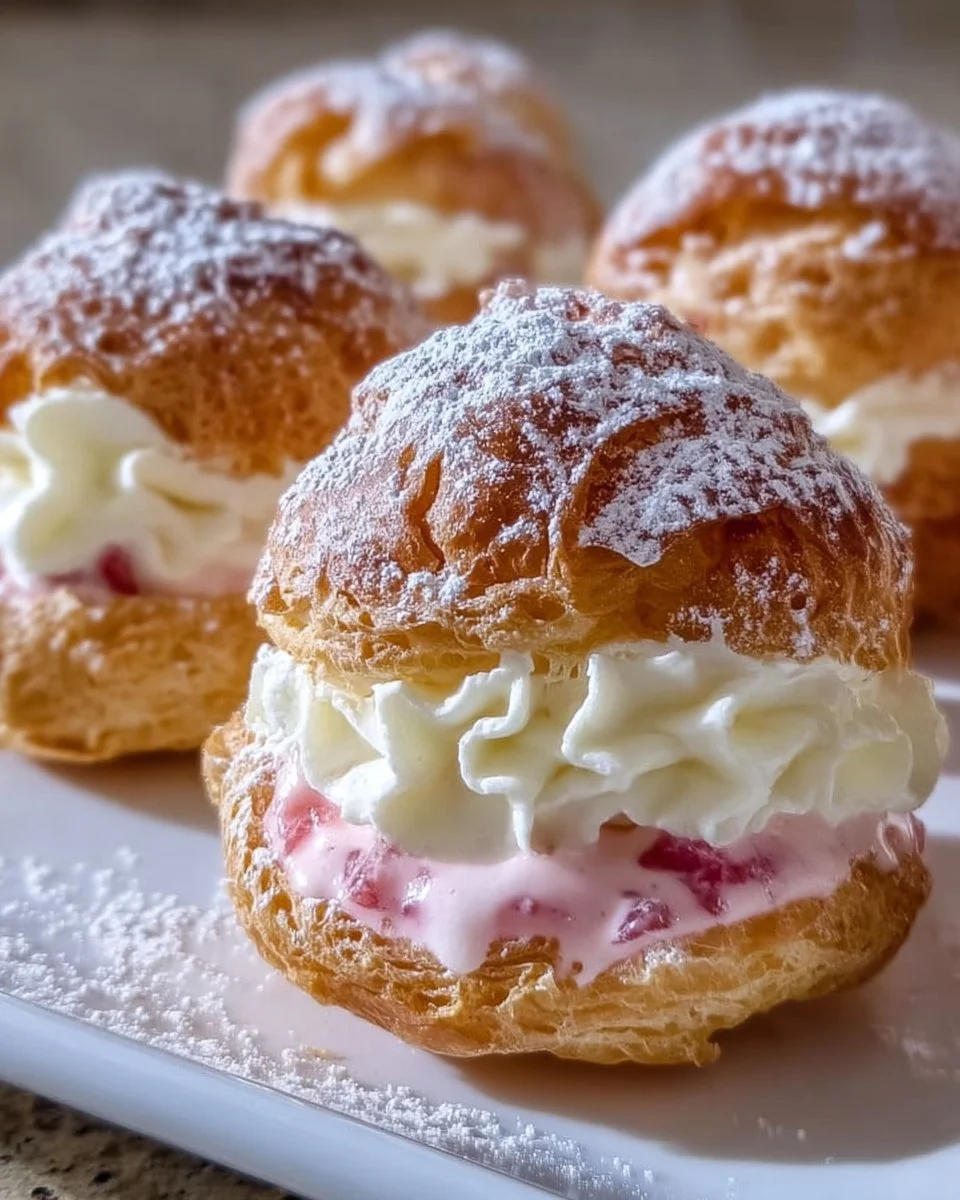 Delicious Rhubarb Cream Puffs filled with creamy rhubarb filling and topped with powdered sugar.