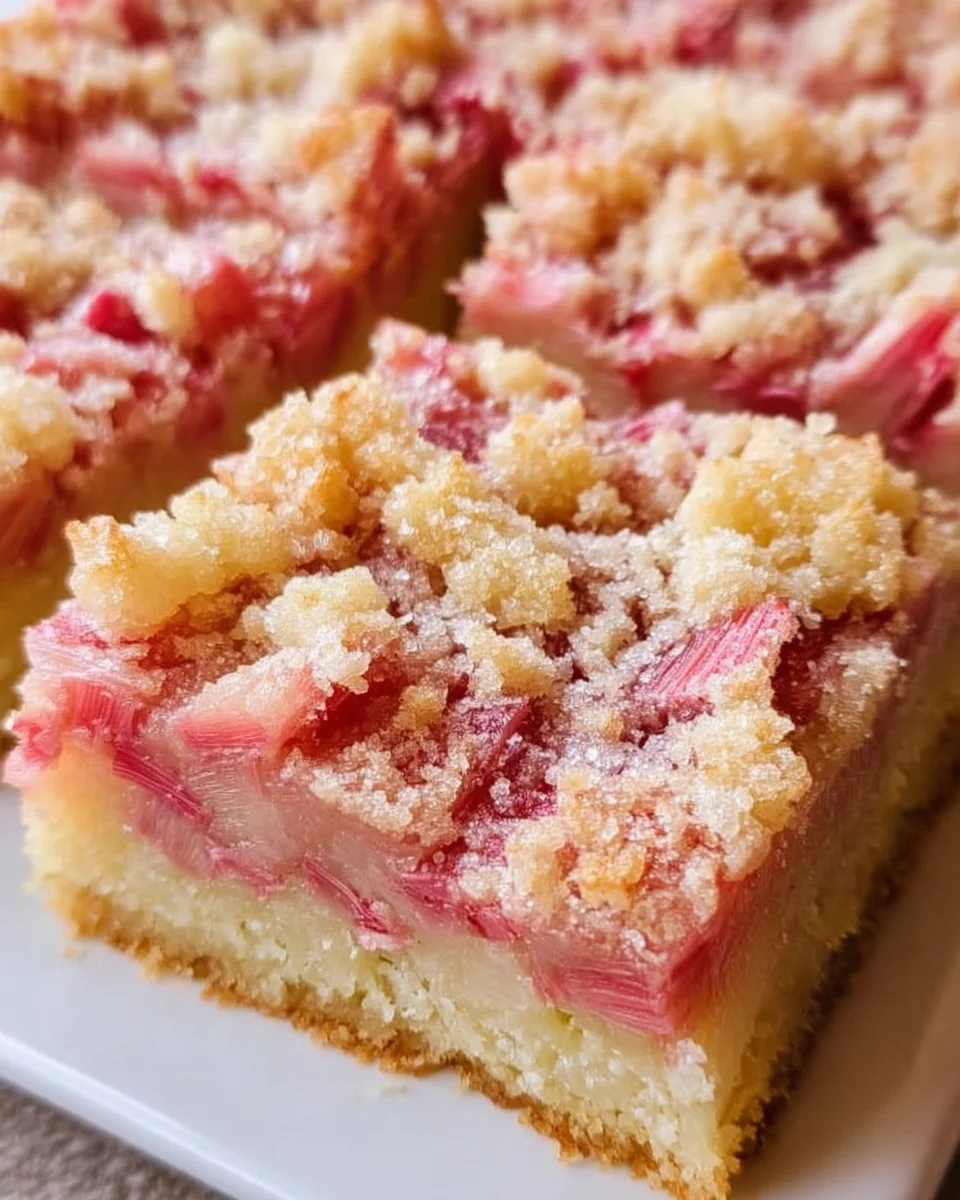 Delicious rhubarb custard bars on a white plate, garnished with fresh rhubarb.