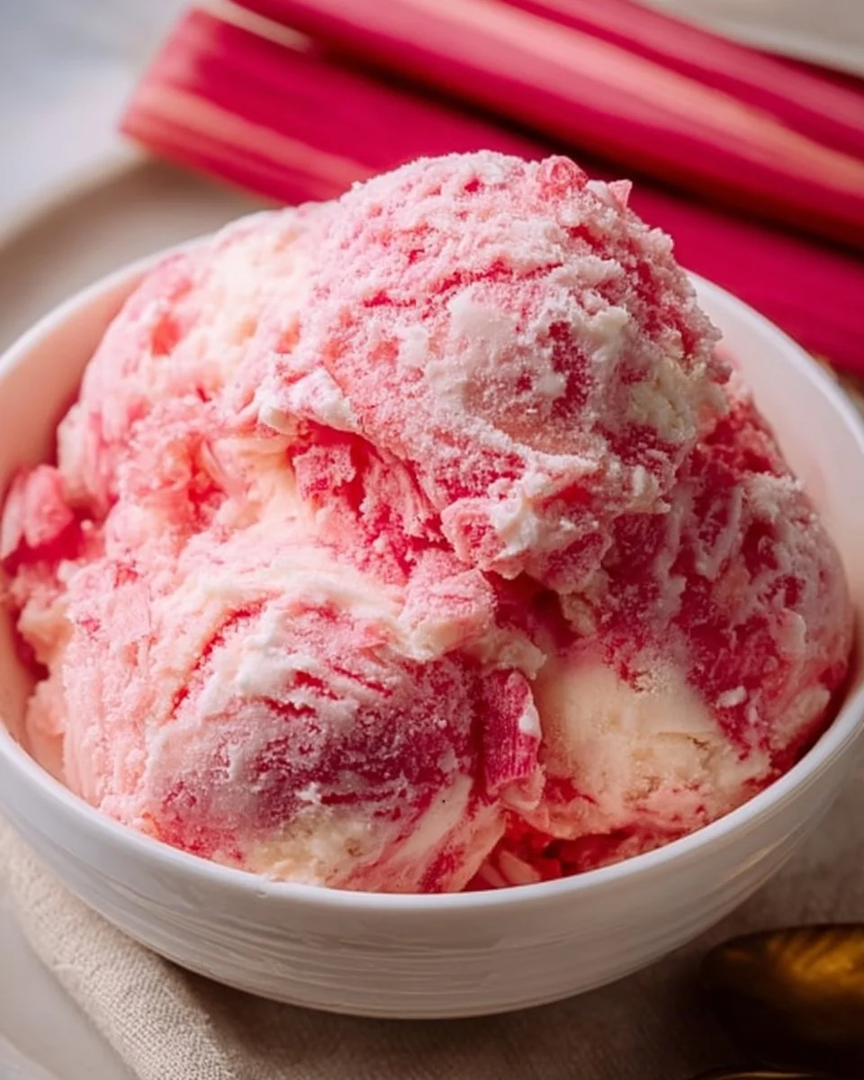 Homemade rhubarb ice cream served in a bowl with fresh rhubarb stalks