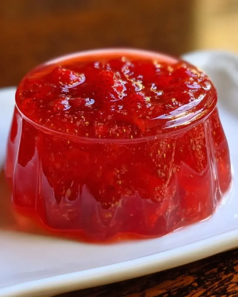Delicious rhubarb sauce with strawberry jello served in a dessert bowl