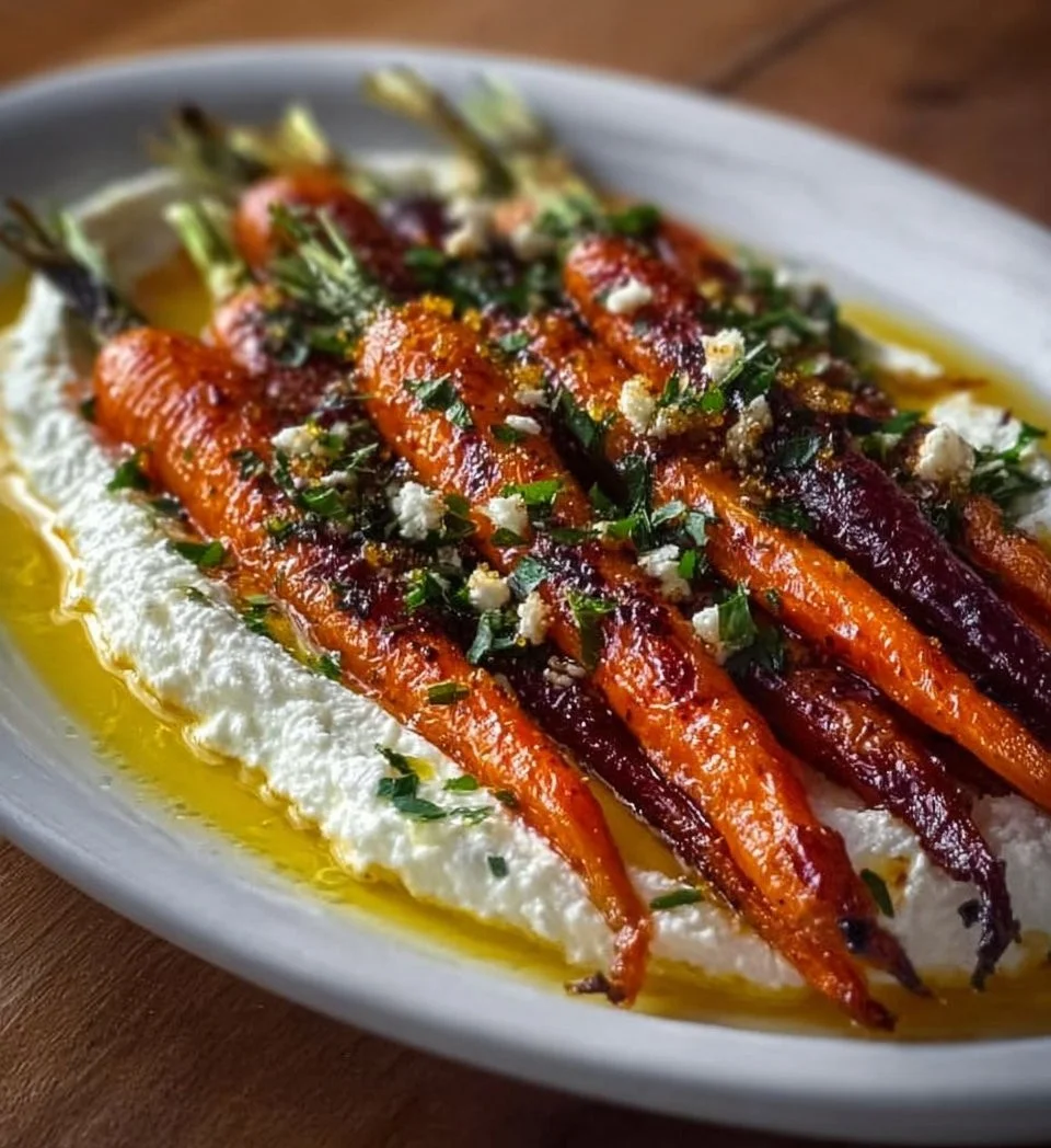 Roasted carrots with whipped ricotta and hot honey in a serving dish.