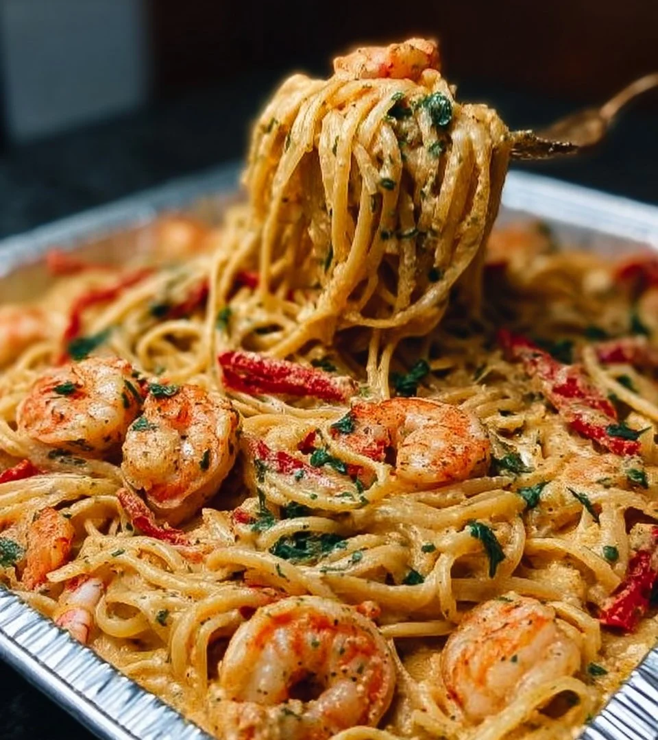 Delicious seafood pasta with crawfish, shrimp, and crab served in a creamy sauce
