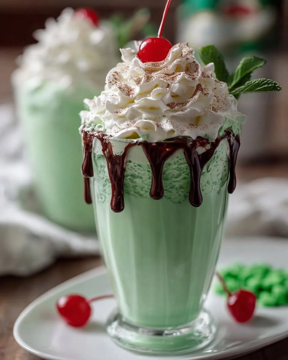 Delicious Shamrock Shake topped with whipped cream and a cherry