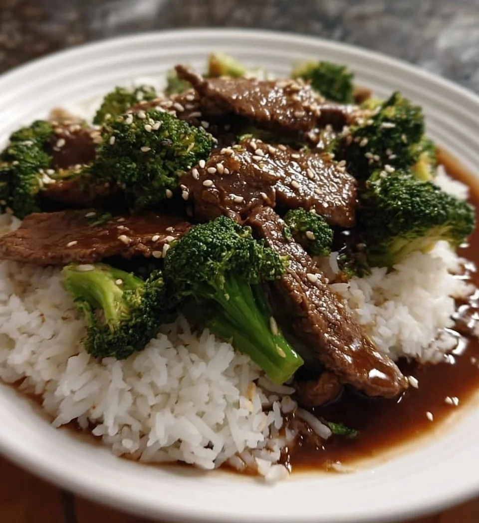 Slow cooker beef and broccoli dish with tender beef and vibrant broccoli