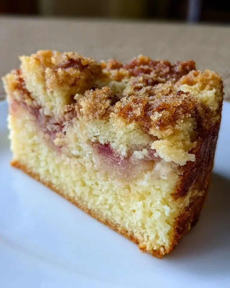Sour cream rhubarb coffee cake slice on a plate with fork.
