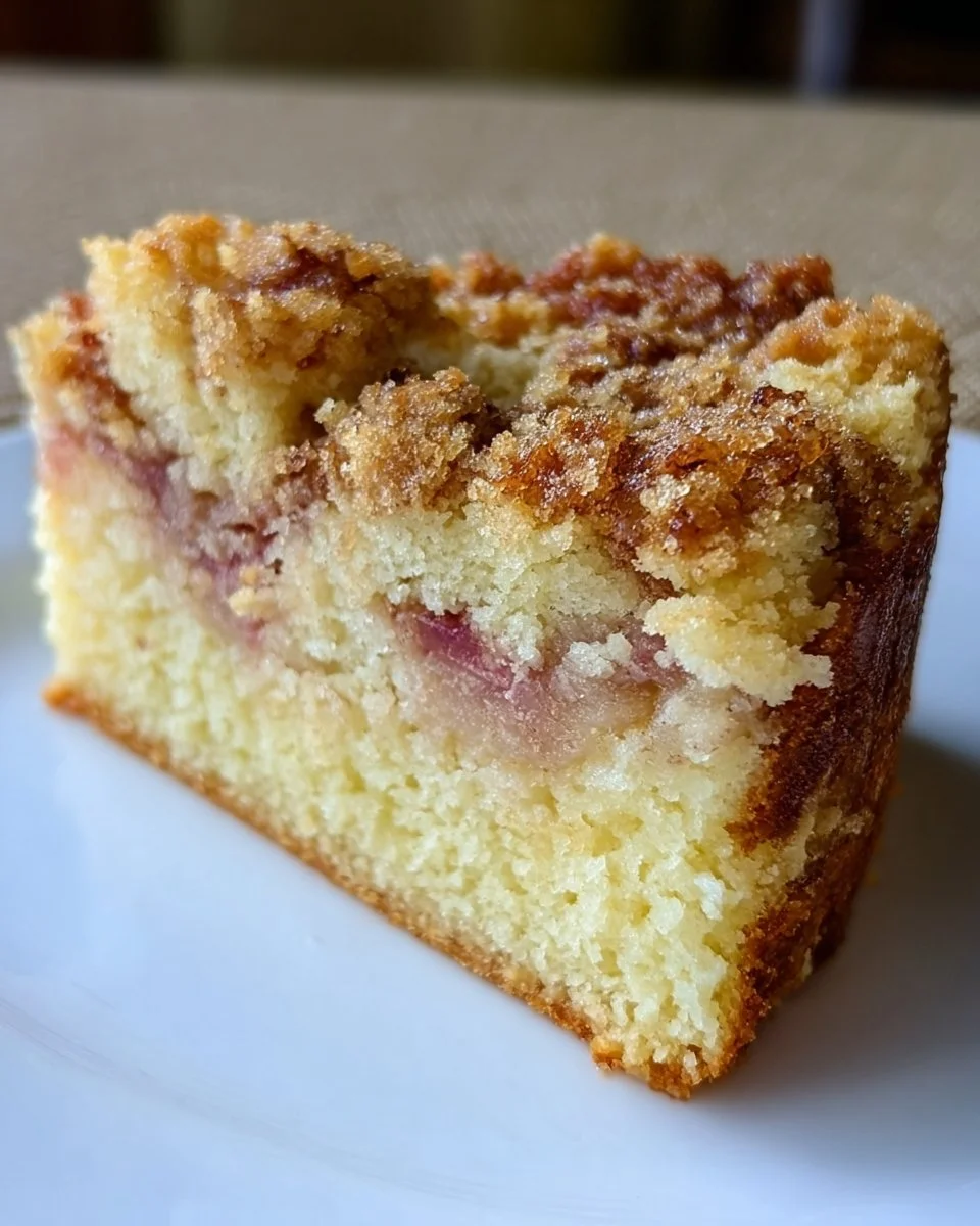 Sour cream rhubarb coffee cake slice on a plate with fork.