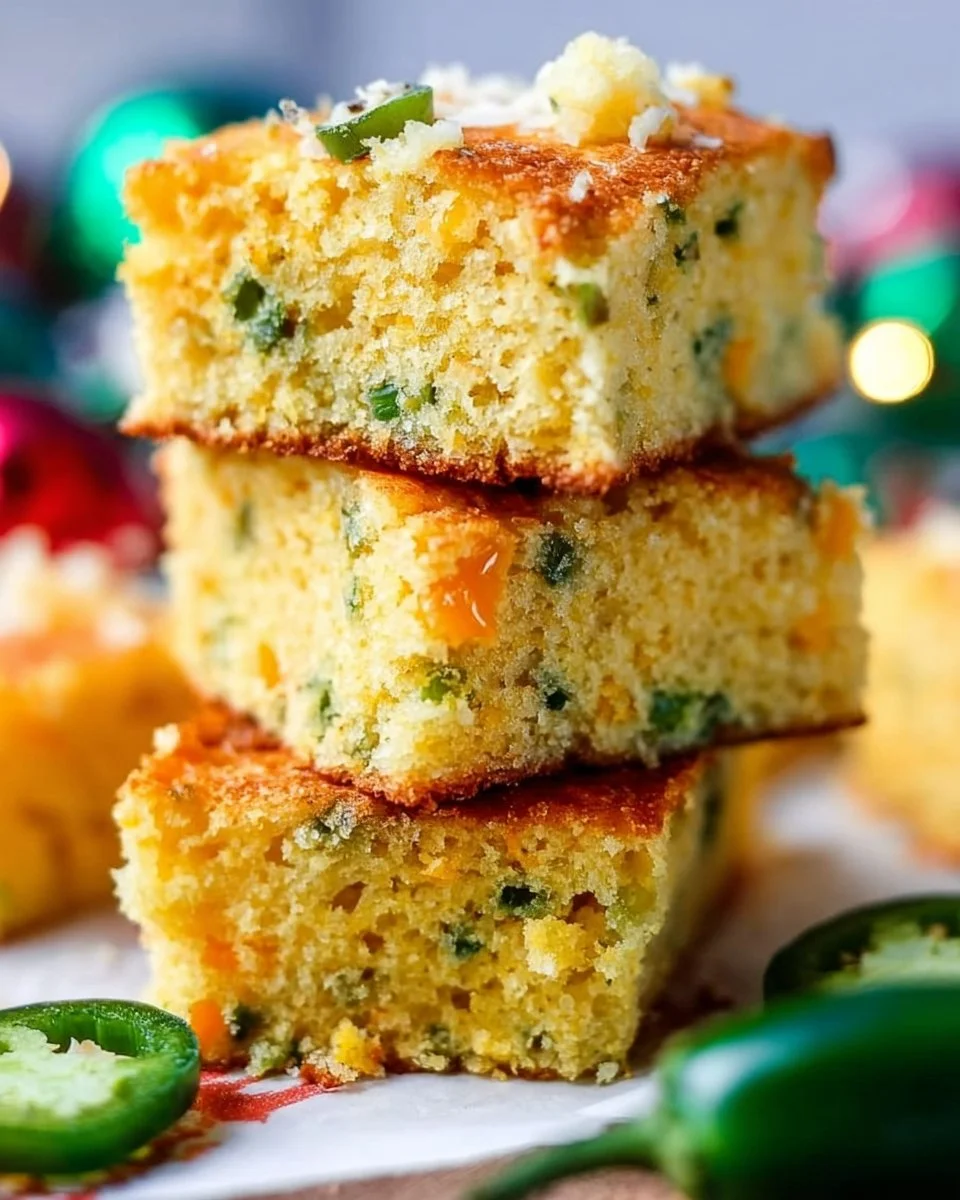 A slice of spicy Mexican cornbread garnished with jalapeños and cilantro.