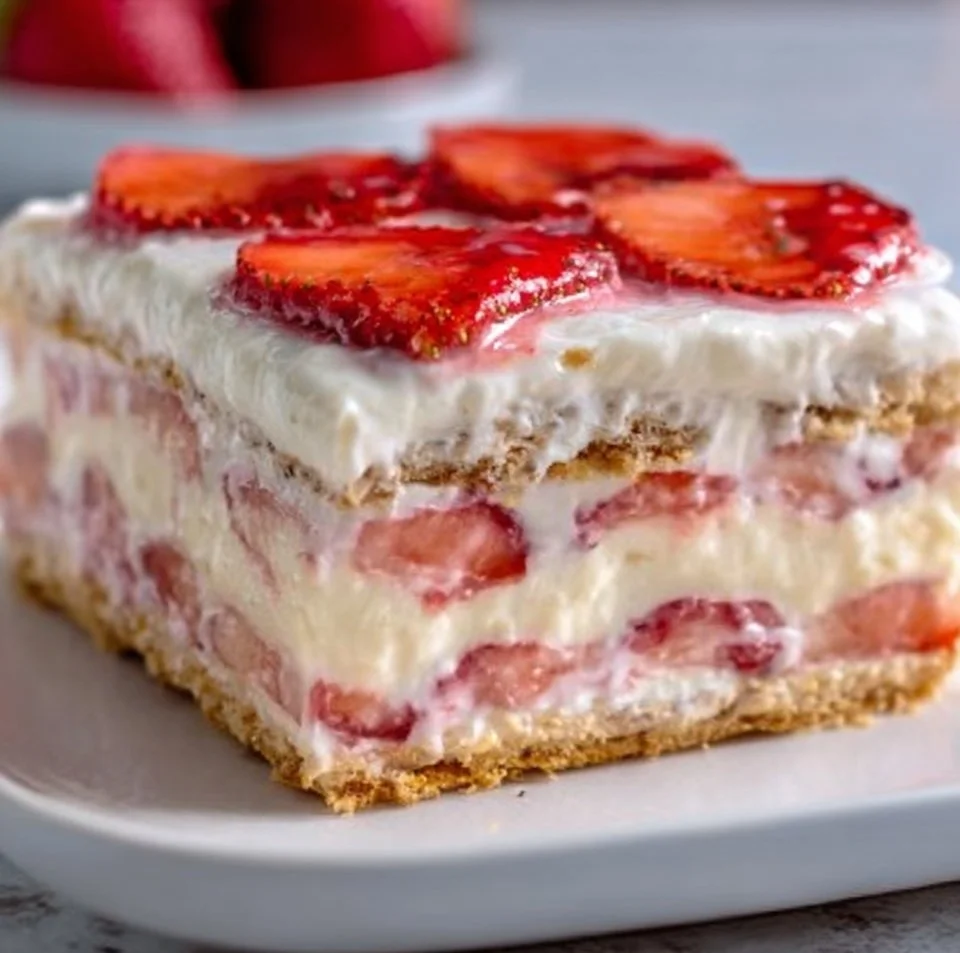 Strawberries and Cream Eclair Cake with whipped cream and fresh strawberries
