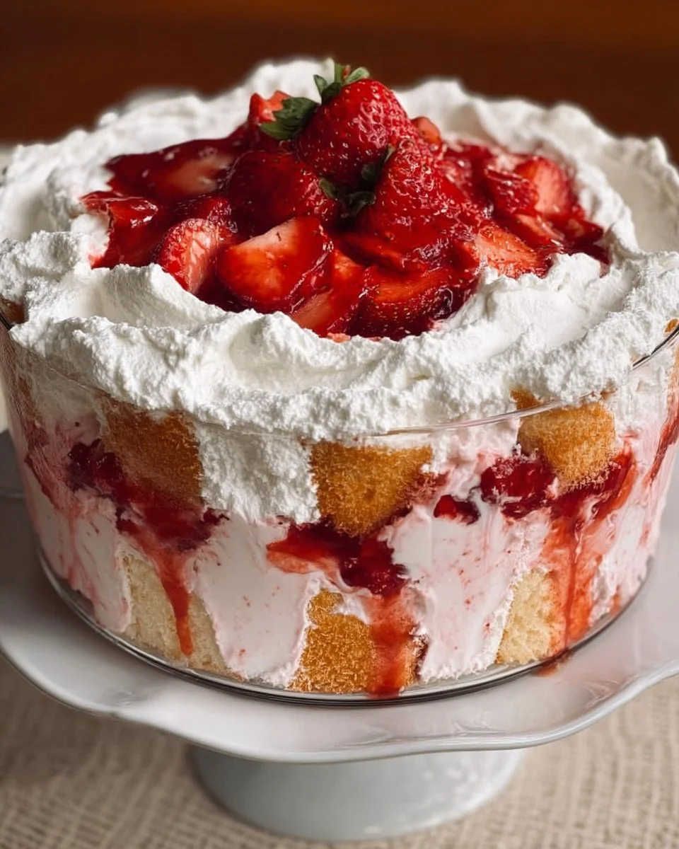 Bowl of strawberry angel fluff dessert topped with fresh strawberries