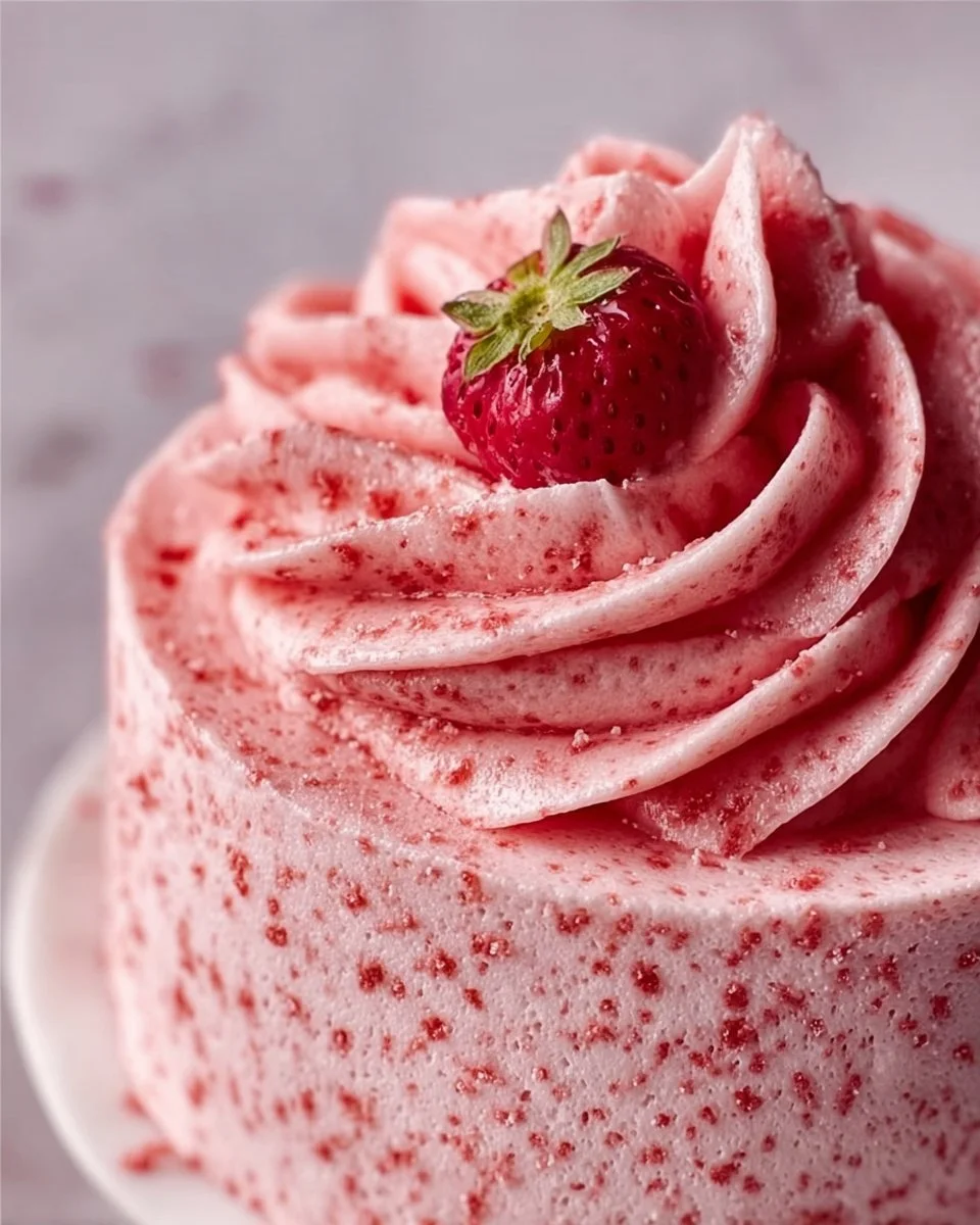Delicious strawberry buttercream frosting on a cupcake.