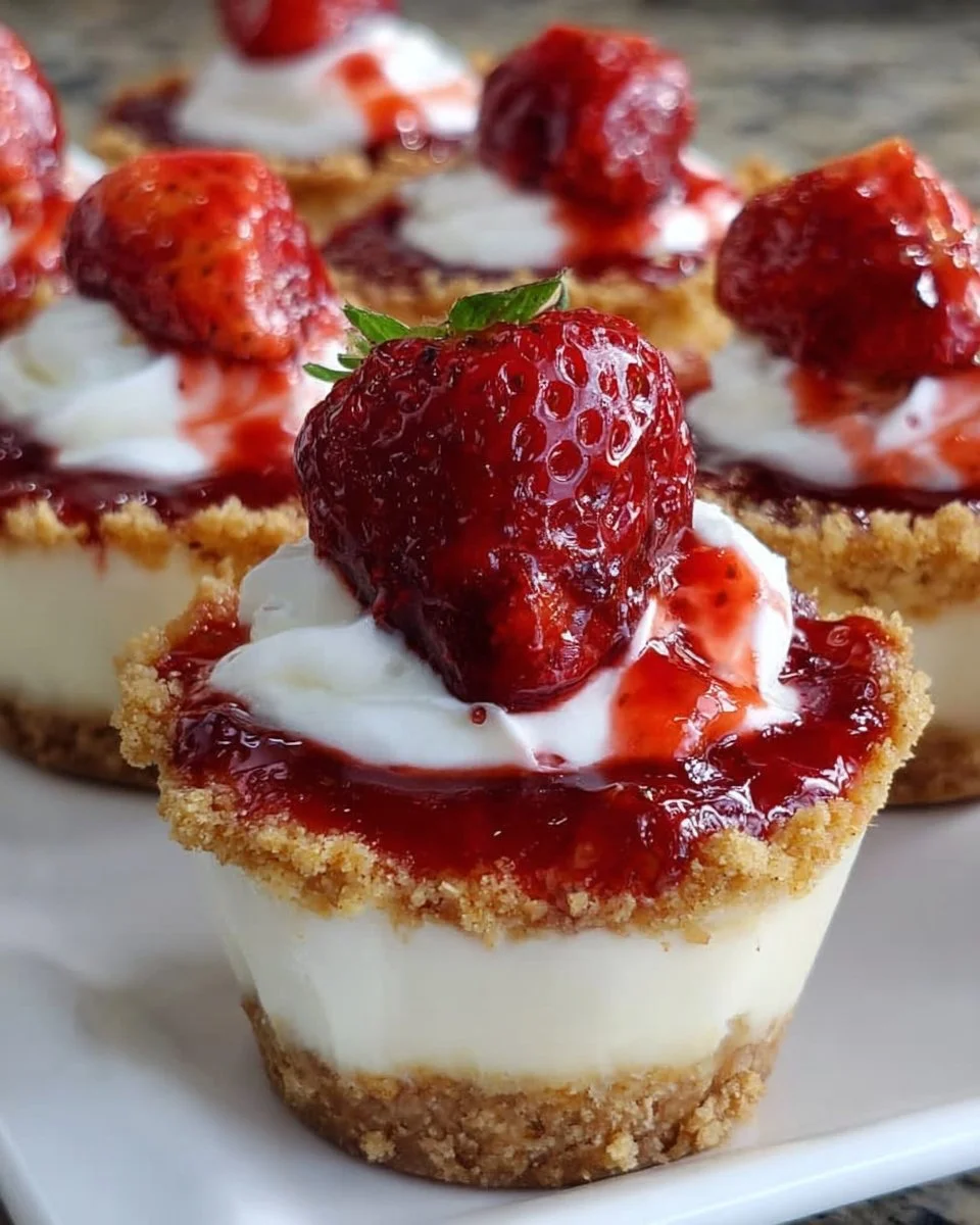 Strawberry cheesecake cups with fresh strawberries on top.