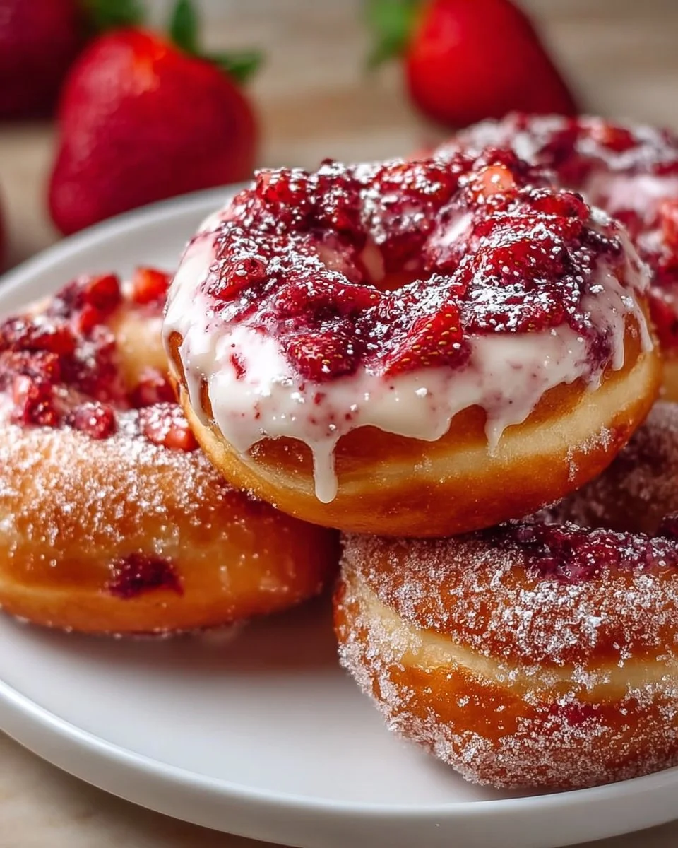 Delicious Strawberry Cheesecake Donuts topped with fresh strawberries and creamy icing