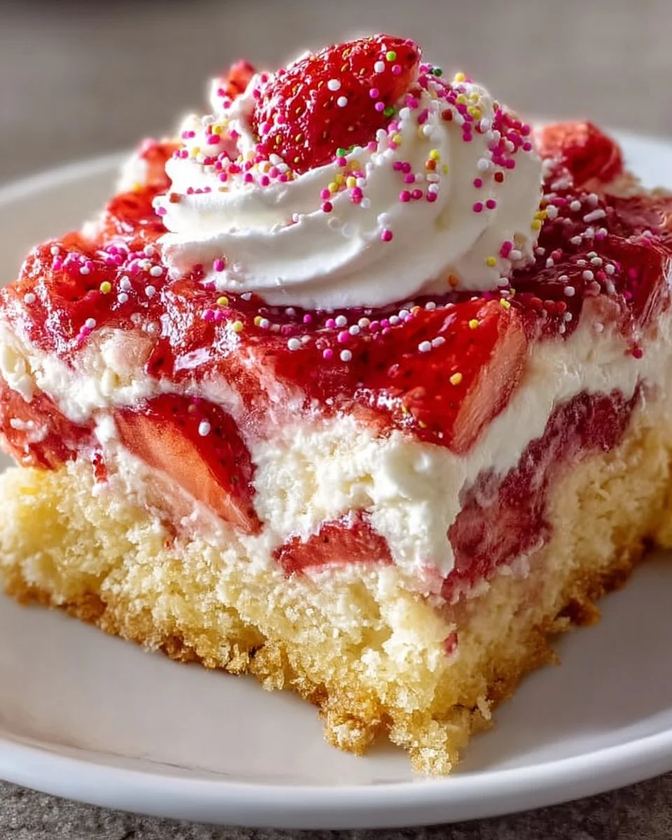 Delicious strawberry cheesecake dump cake topped with fresh strawberries.