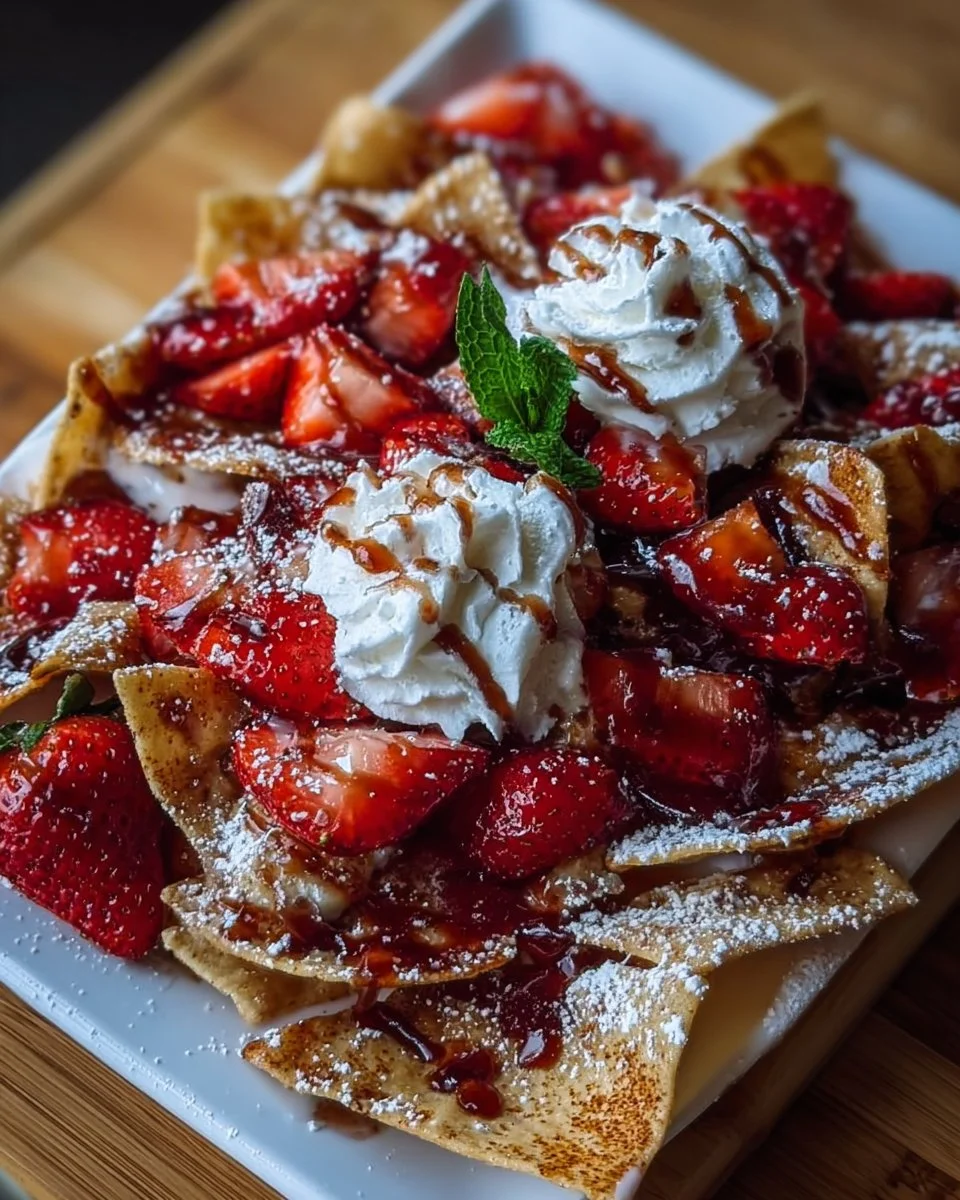 Delicious strawberry cheesecake nachos topped with fresh strawberries and drizzled with sauce