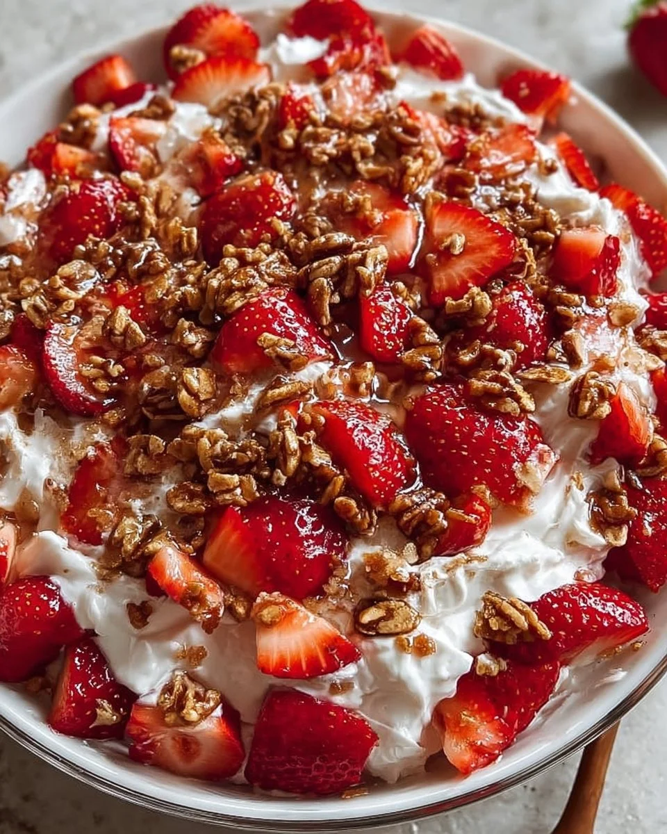 A vibrant bowl of Strawberry Crackle Salad featuring fresh strawberries and crunchy toppings.