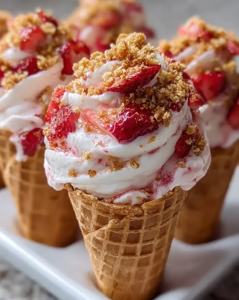 Strawberry Crunch Cheesecake Cones with creamy cheesecake and strawberry topping