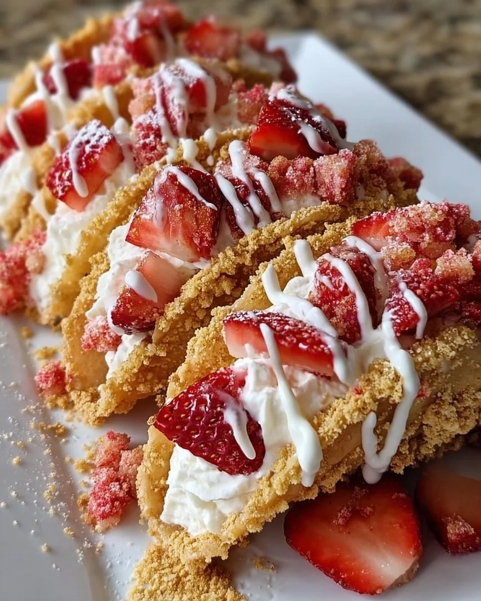 Delicious strawberry crunch cheesecake tacos served on a white plate.
