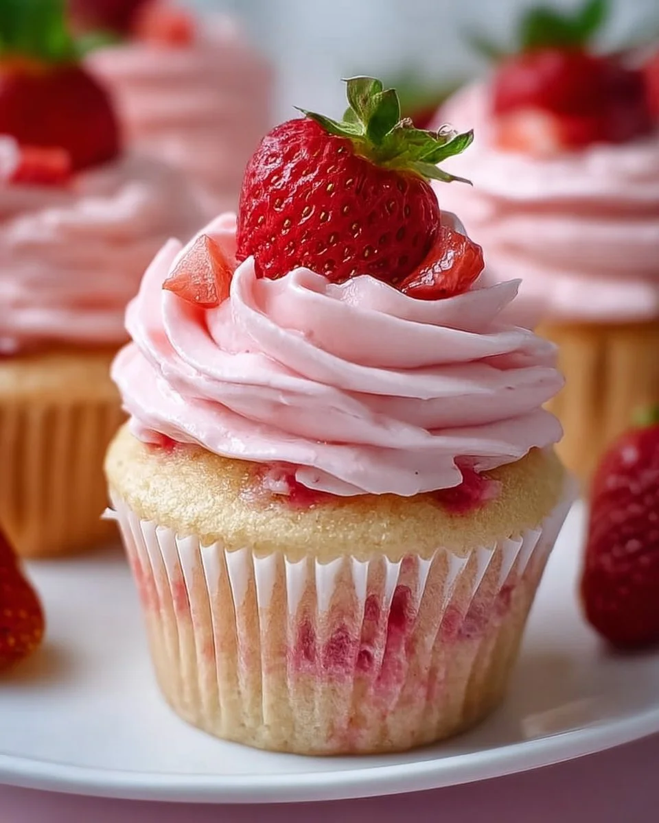 Delicious strawberry cupcakes topped with fresh strawberries and whipped cream