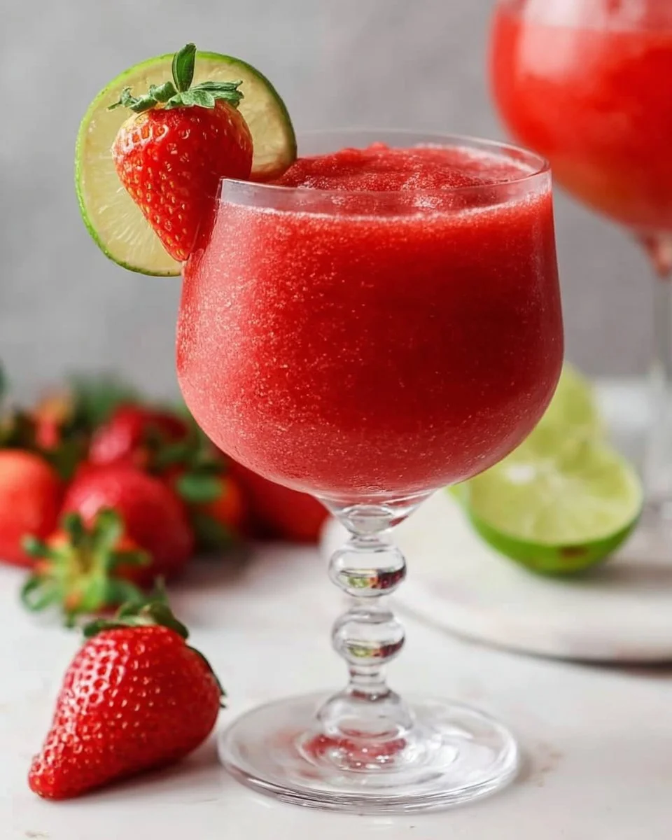 Refreshing Strawberry Daiquiri cocktail garnished with fresh strawberries.