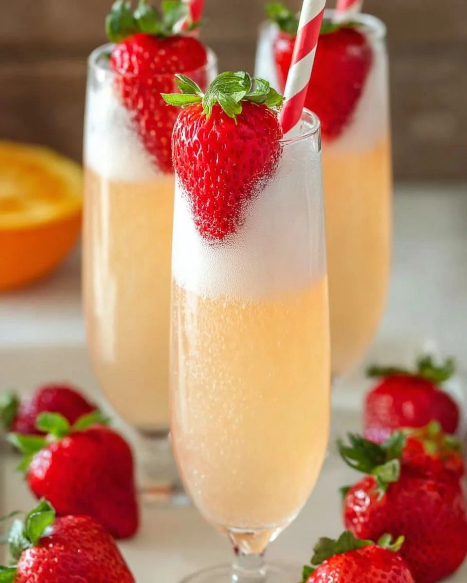 Delicious Strawberry Mimosa cocktail served in a glass with fresh strawberries.