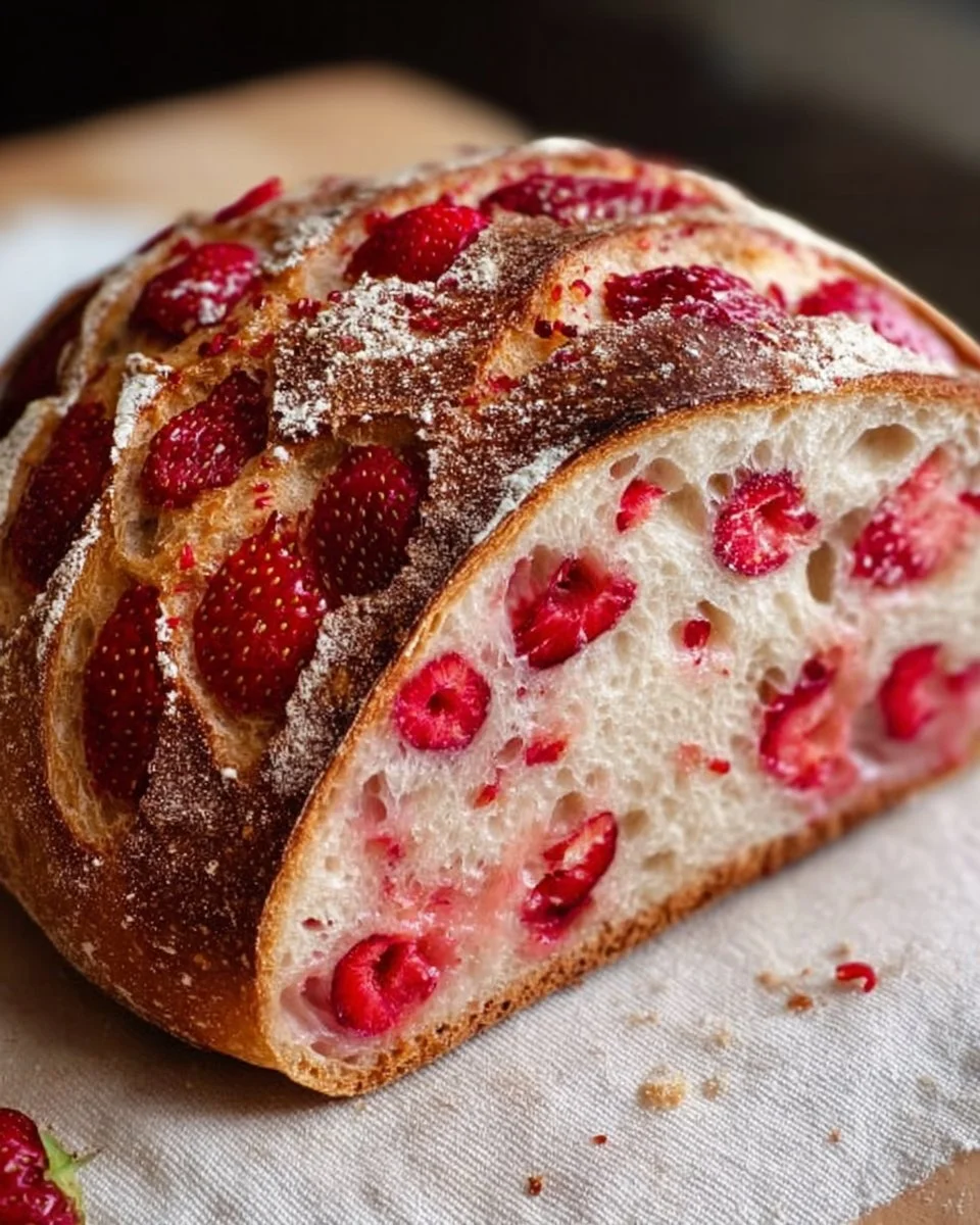 Loaf of strawberry sourdough bread with fresh strawberries on a wooden table.