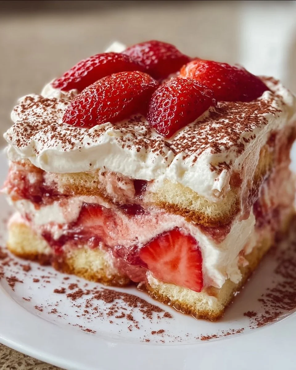 Delicious strawberry tiramisu dessert with fresh strawberries and creamy layers.