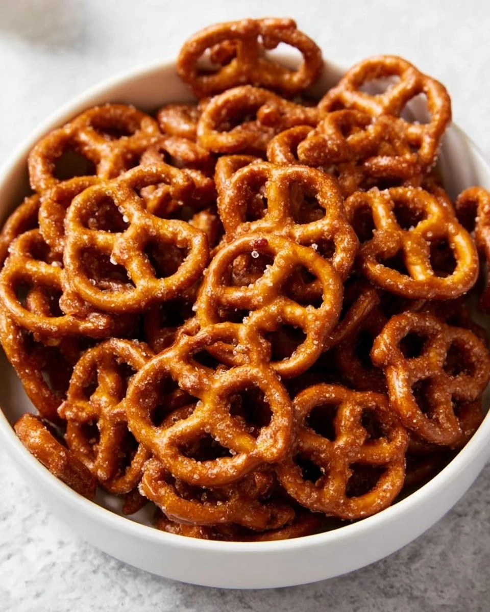 Bowl of sweet and spicy seasoned pretzels with a hint of flavor explosion