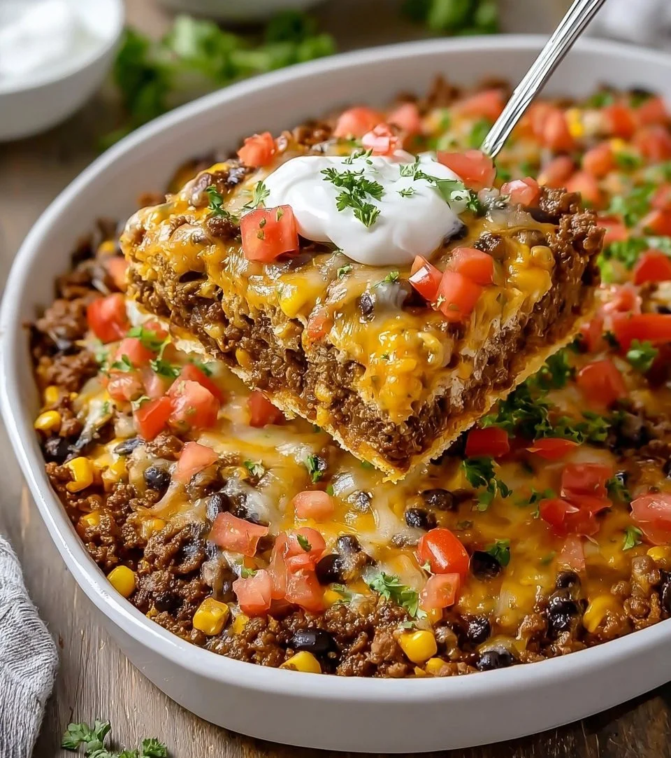 Delicious easy taco casserole served in a bowl for weeknight dinner