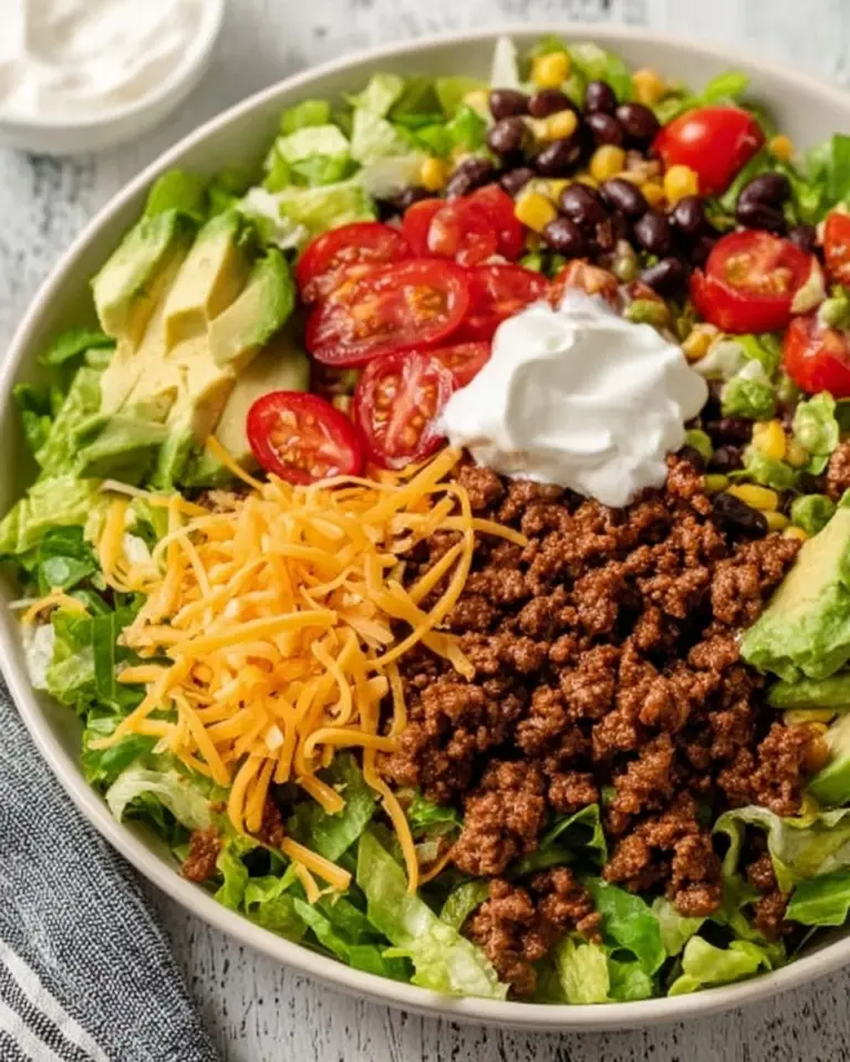 Colorful and fresh Taco Salad with toppings like lettuce, tomatoes, and ground beef.