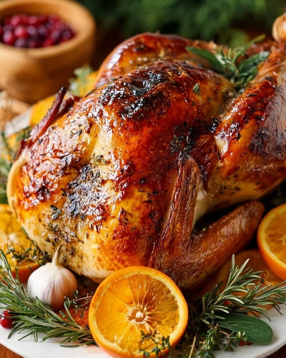 A beautifully roasted Thanksgiving Turkey on a festive dining table