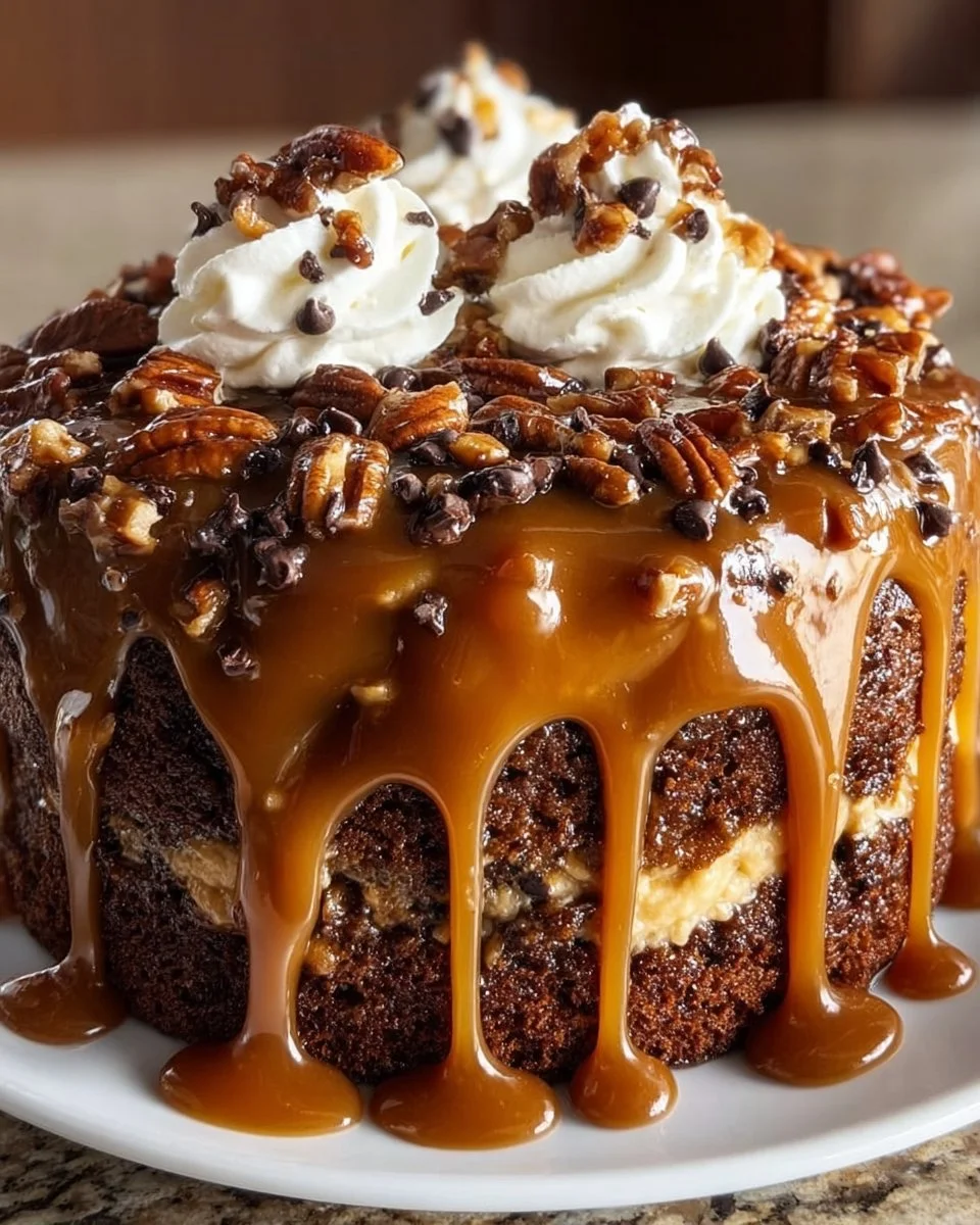 Delicious Turtle Caramel Cake topped with chocolate, caramel, and pecans