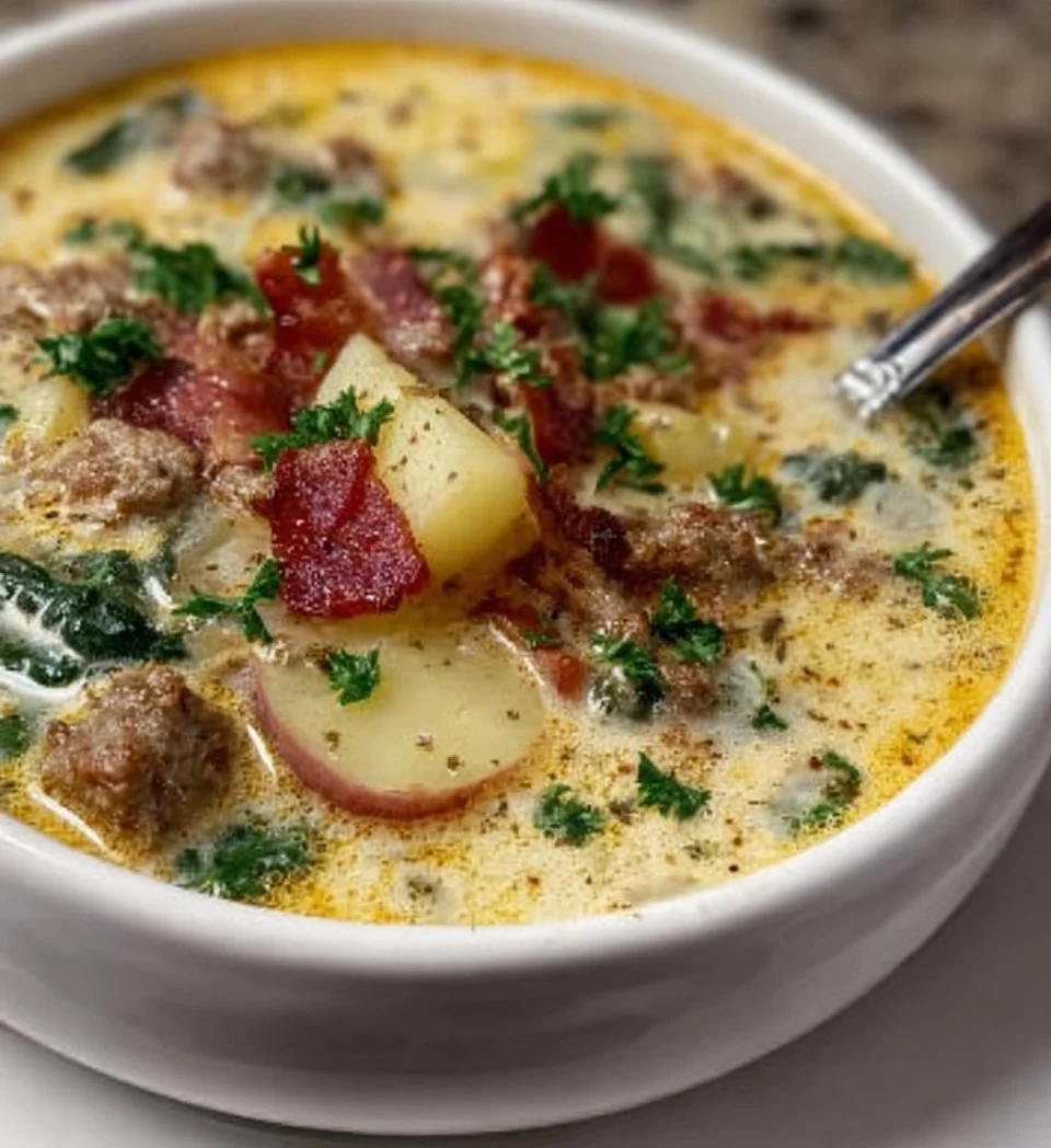 Bowl of Tuscany-style soup with turkey bacon and beef sausage garnished with herbs.