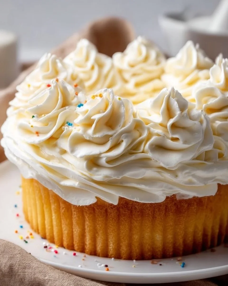 Whipped cream frosting on a vanilla cupcake with colorful sprinkles.